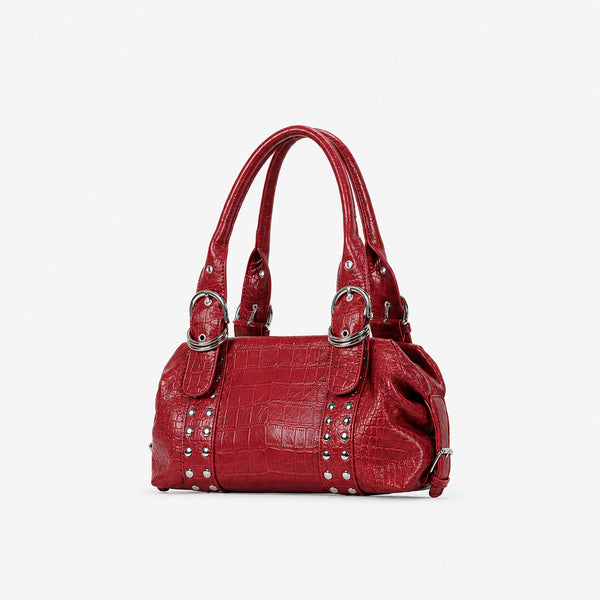 Croc-embossed leather-look barrel satchel bag with silver ring buckle hardware and stud panel trim, detail view 11