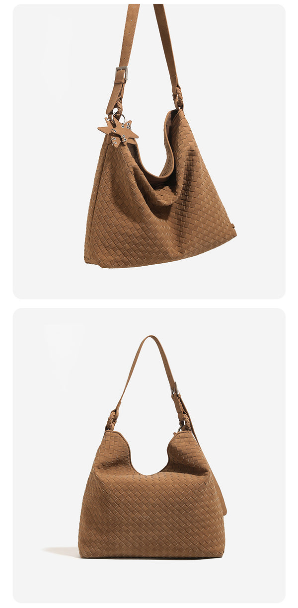 Slouchy woven hobo shoulder bag with matte suede-like finish, adjustable strap, and star charm hardware, detail view 13