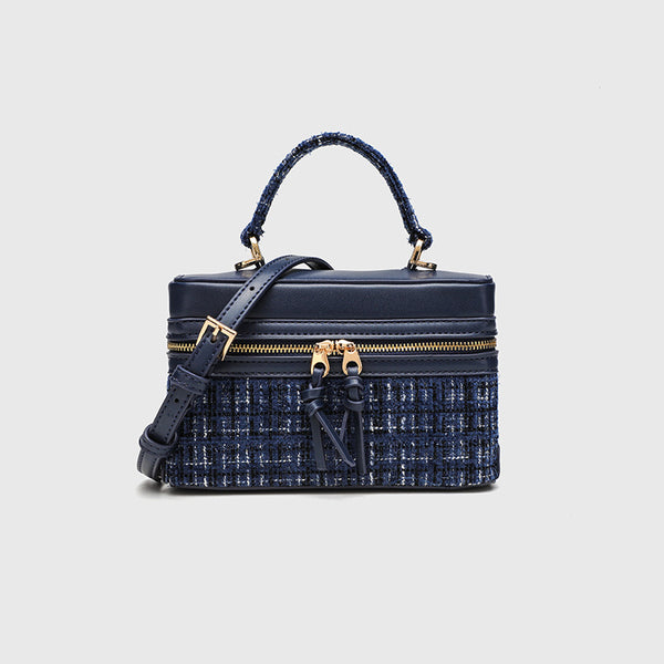 Structured navy tweed and leather-look box mini handbag with gold-tone zipper, braided top handle, and dual detachable