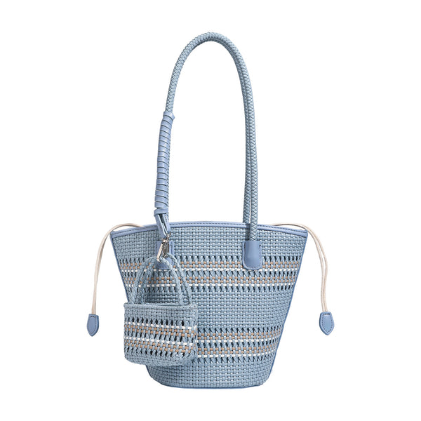 Structured woven bucket tote bag in pastel blue with braided shoulder strap, open lattice weave body, cream drawstring