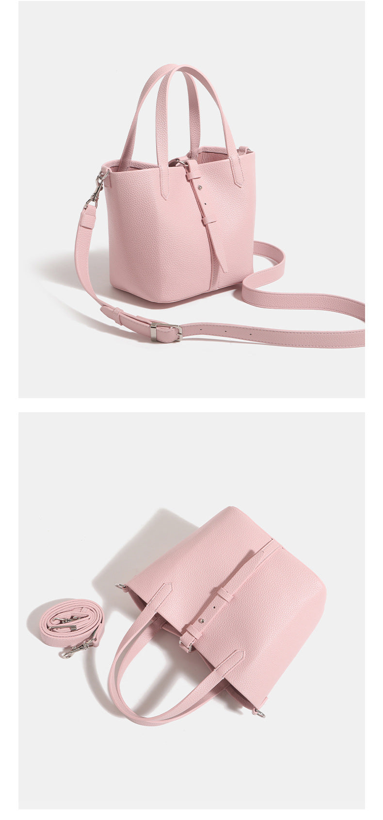 Small structured pebbled leather-look bucket tote bag with dual top handles and silver-tone hardware, detail view 14