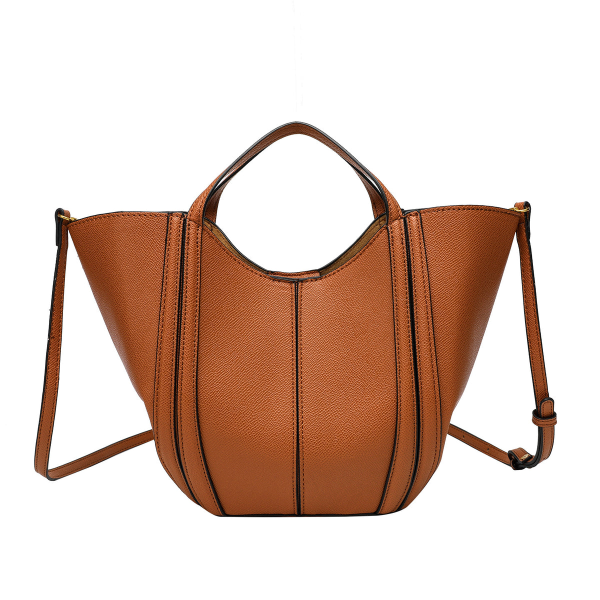 Structured open-top tote bag in tan brown pebbled leather-look finish with vertical seam accents, black edge piping, curved