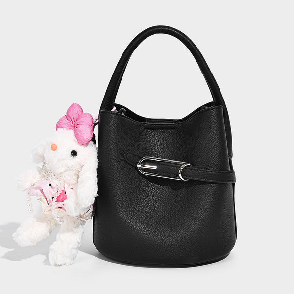 Mini pebbled leather-look bucket bag with front buckle strap, silver-tone hardware, top handle, and detachable shoulder