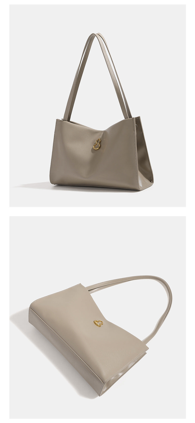 Smooth leather-look slouchy trapezoid shoulder tote with gold-tone gourd clasp hardware and long slim straps, detail view 7