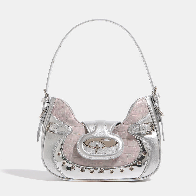Compact croc-embossed leather-look shoulder bag with silver grommet trim, buckle strap detail, and four-point star turn-lock