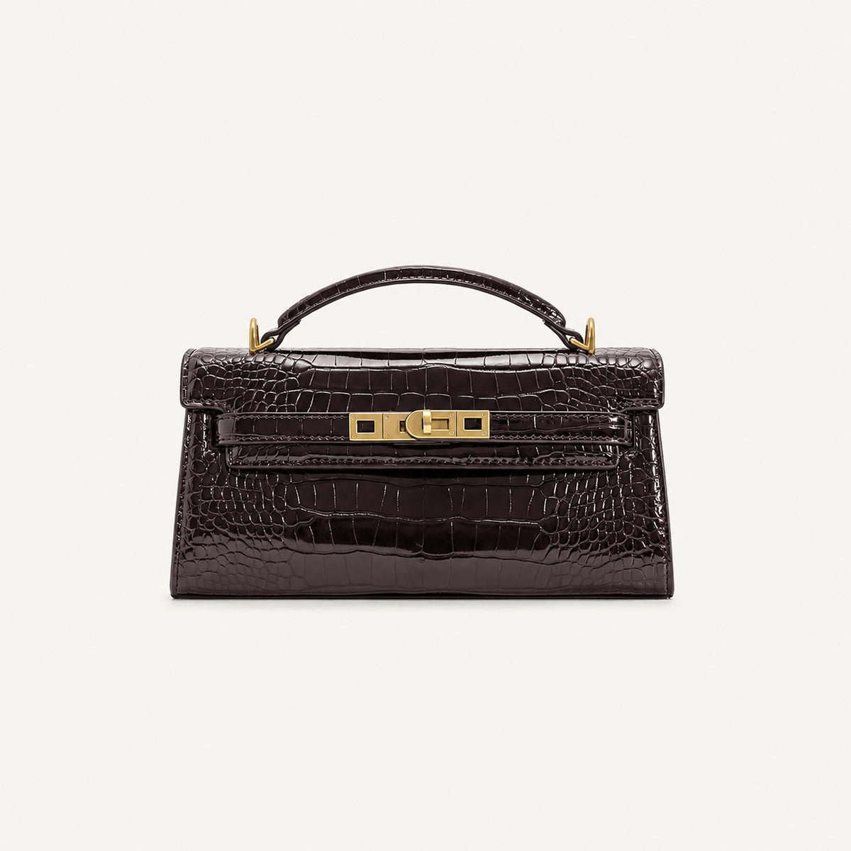 Strukturierte rechteckige Satchel-Tasche mit Krokodilprägung, goldfarbenem Drehverschluss und kurzem Henkel, Detailansicht 7