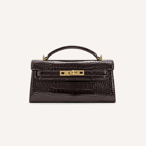 Strukturierte rechteckige Satchel-Tasche mit Krokodilprägung, goldfarbenem Drehverschluss und kurzem Henkel, Detailansicht 7