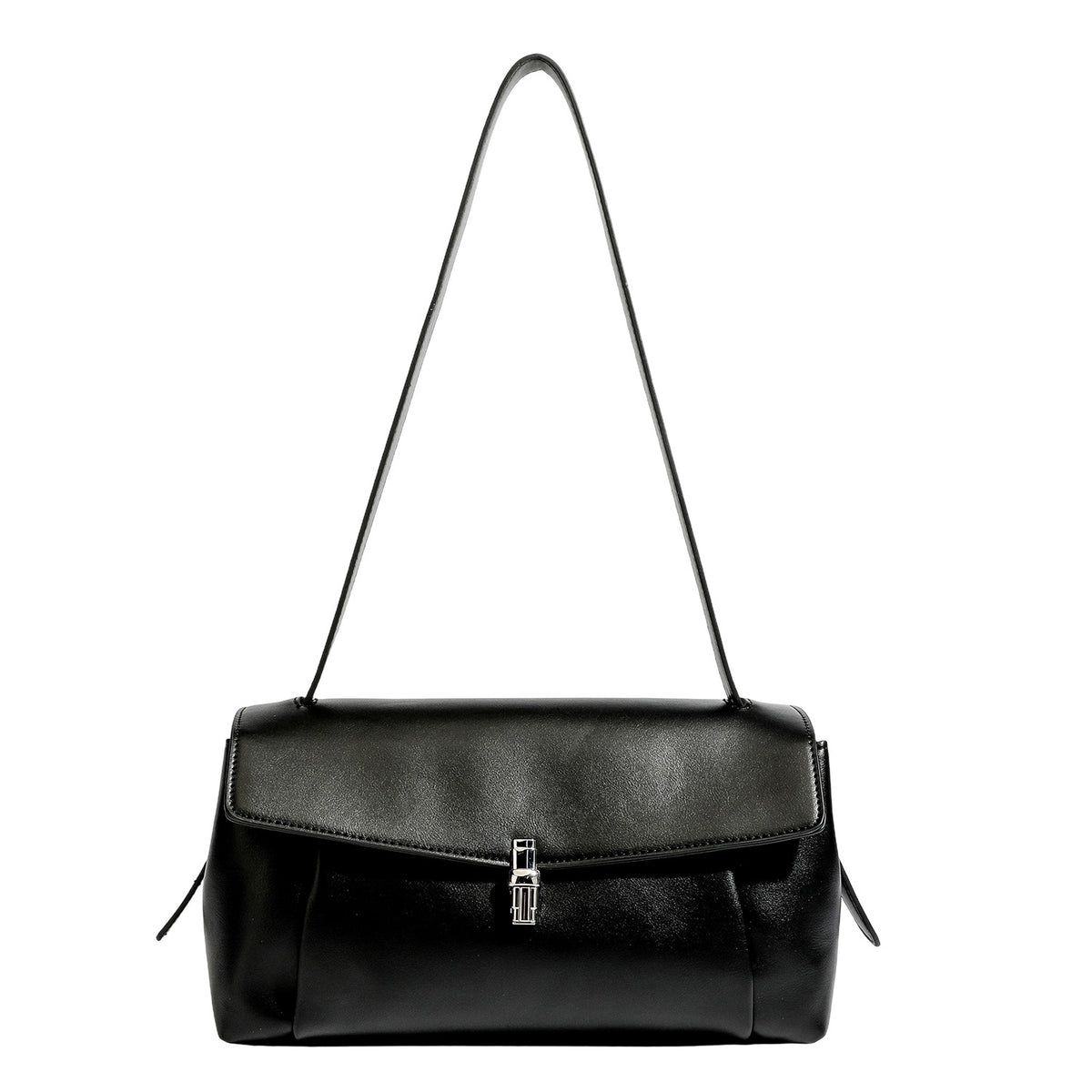 Structured rectangular flap shoulder bag with smooth leather-look finish, silver-tone turn-lock clasp, and long slim