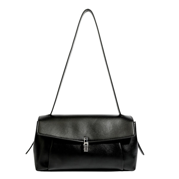 Structured rectangular flap shoulder bag with smooth leather-look finish, silver-tone turn-lock clasp, and long slim
