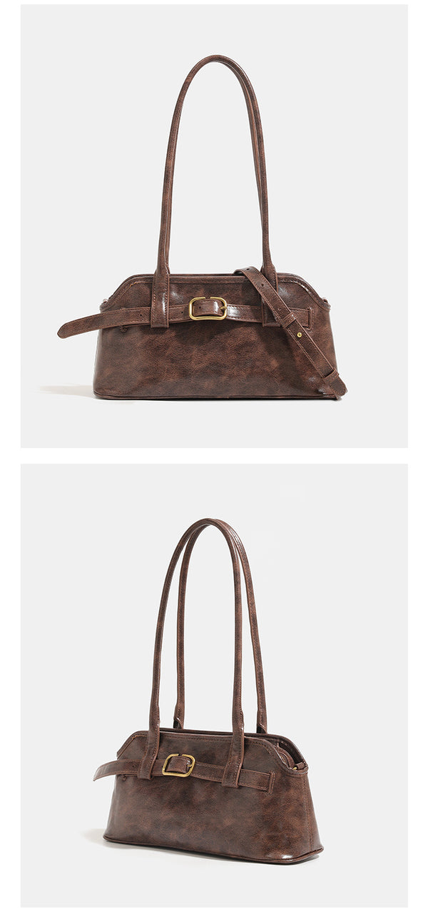Kleine strukturierte Retro-Schultertasche mit Schnallendetail am Riemen, zwei Henkeln und goldfarbenen Beschlägen, Detailansicht 9