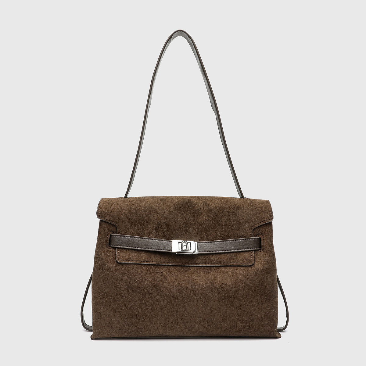 Coffee brown suede-finish flap shoulder bag with silver turn-lock clasp and dark leather-look trim, front view