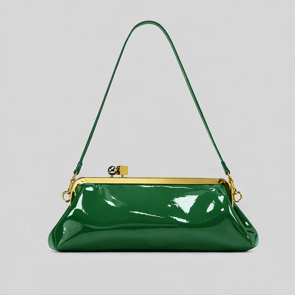 Strukturierte Clutch mit Kiss-Lock-Rahmenverschluss aus dunkelbrauner, krokodil-geprägter Lederoptik mit goldfarbenen Details und schmalem