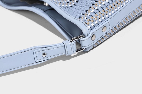 Woven bucket shoulder bag with leather-look trim, silver-tone hardware, and beaded tassel charm, detail view 35