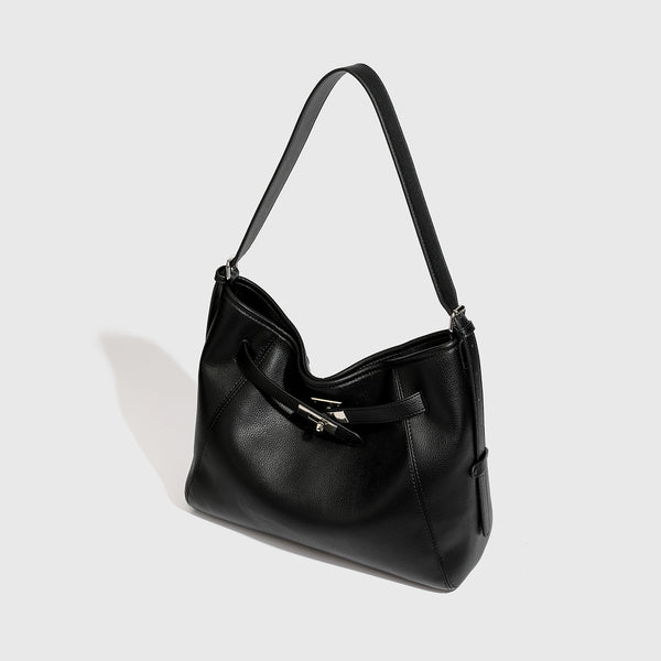 Large black pebbled leather-look hobo shoulder bag with silver-tone turn-lock front hardware and single flat adjustable