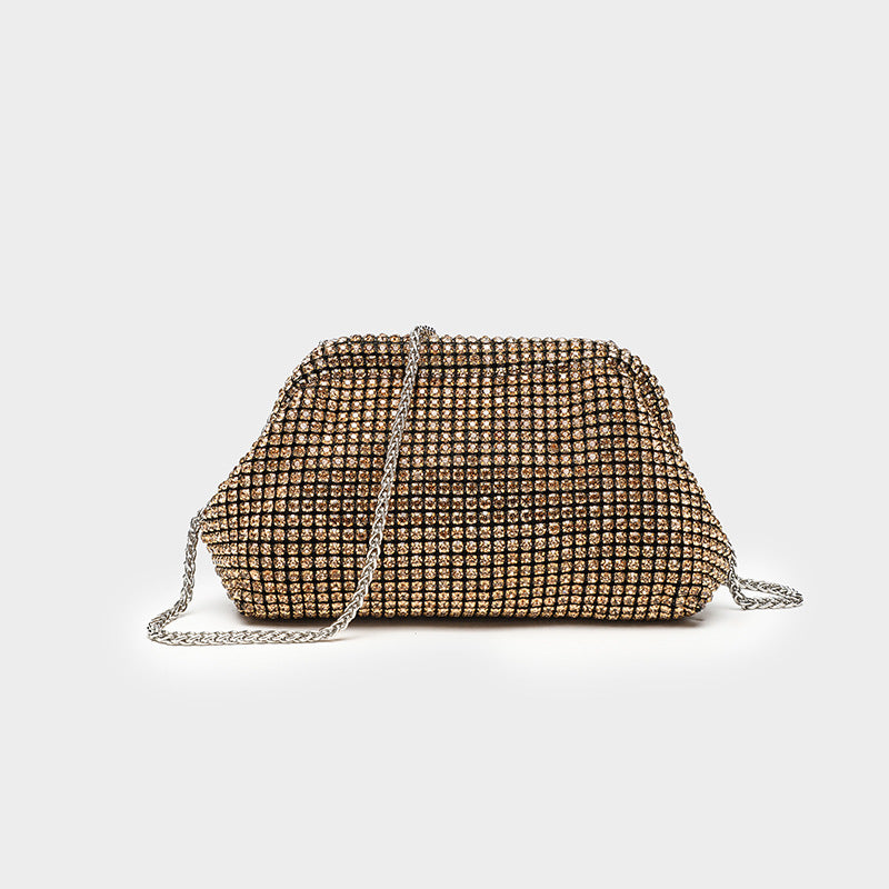 Small crystal rhinestone clutch crossbody bag with silver-tone chain strap and frame-clip closure, detail view 12