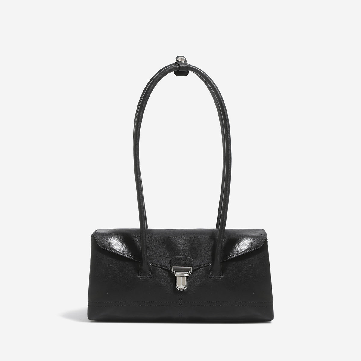 Compact structured rectangular flap shoulder bag with silver-tone turn-lock clasp and long rounded handles, front view