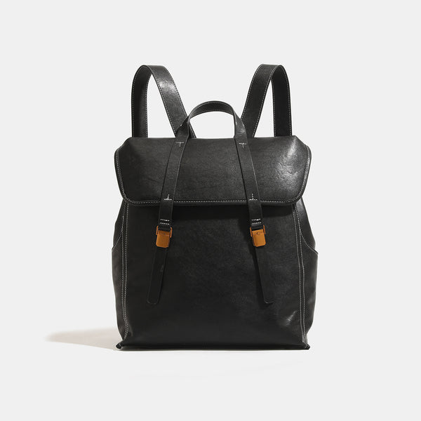 Structured leather-look flap backpack handbag with top handle, buckle front straps, white contrast stitching, and gold-tone