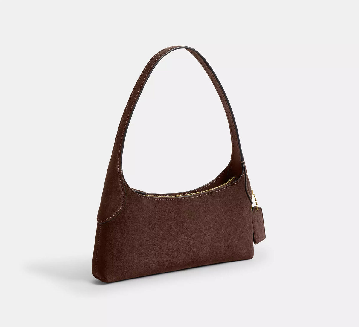 Slim crescent-silhouette shoulder bag in chocolate brown suede-look finish with contrast topstitching, top zip closure, thin