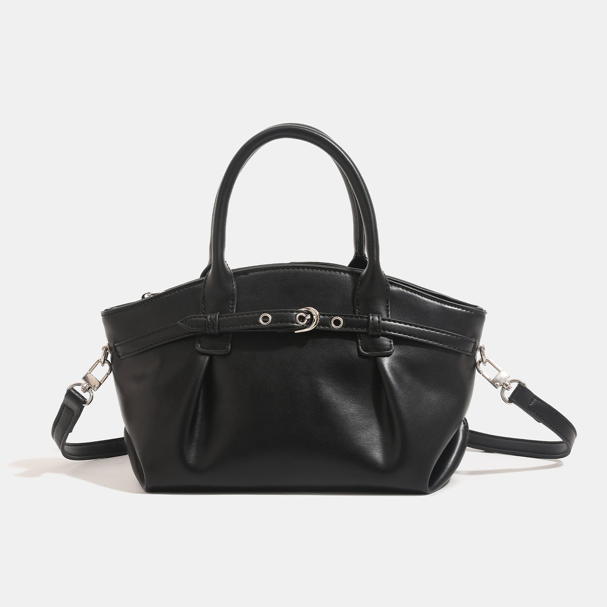 Mini-Trapeztasche aus glatter Lederoptik mit vorderem Riemen und Gürtelschnalle, zwei Tragegriffen und abnehmbarem, Detailansicht
