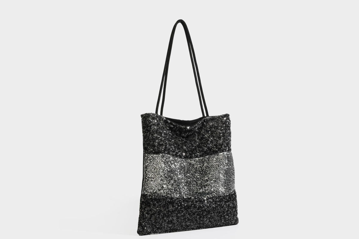 Soft rectangular sequin tote bag with colorblock metallic panels and long slim shoulder straps, detail view 21