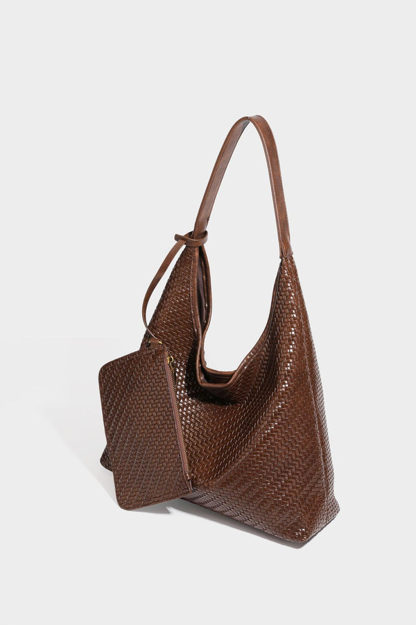 Slouchy woven leather-look hobo tote bag in brown with detachable zip pouch and gold-tone hardware, detail view 35