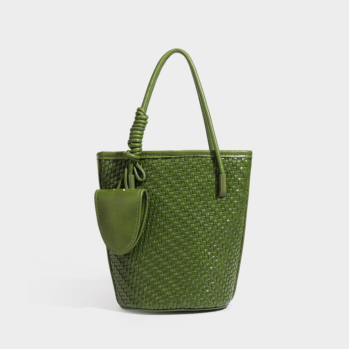 Structured woven-texture leather-look bucket bag in brown with knotted top handles, small front flap pouch, and adjustable