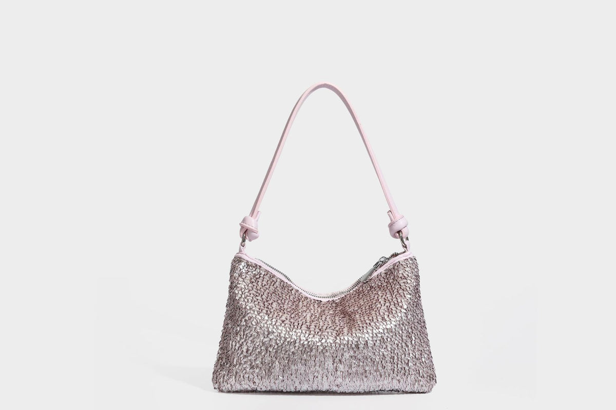 Small sequin hobo shoulder bag with knotted strap and zip closure, detail view 29