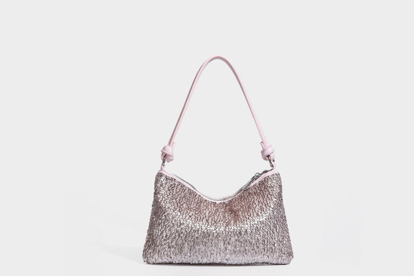 Small sequin hobo shoulder bag with knotted strap and zip closure, detail view 29