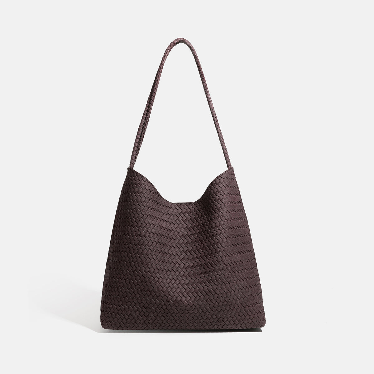 Large woven hobo shoulder bag with braided strap and matching zip pouch in dark brown, front view