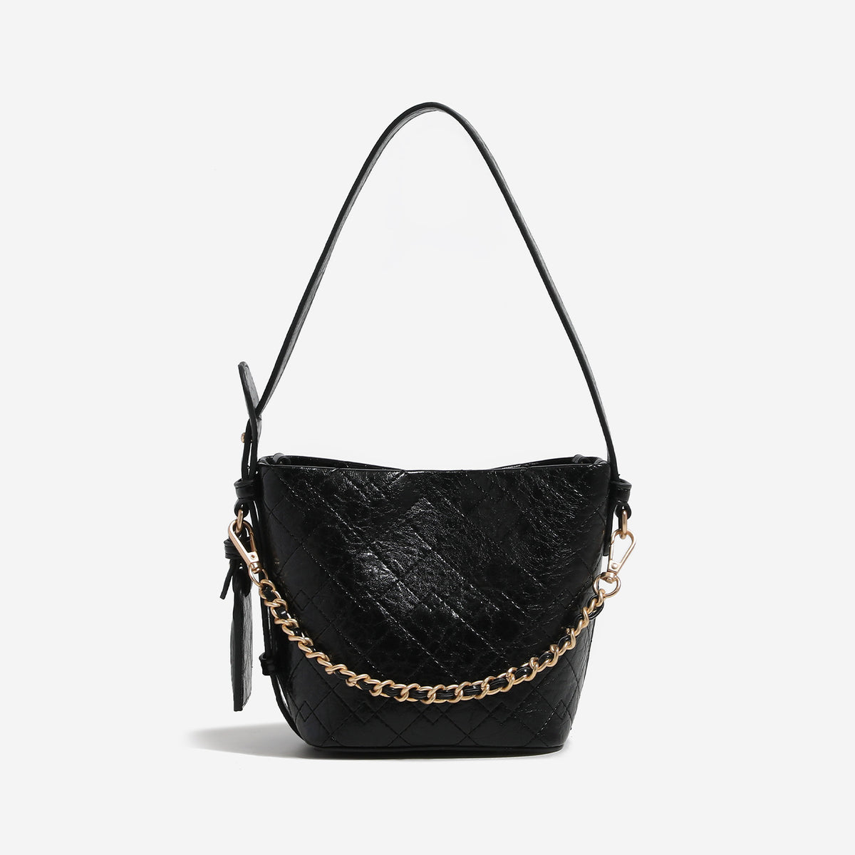 Small diamond-quilted bucket bag with gold-tone chain accent, heart strap detail, hanging tag, and matching zip coin pouch