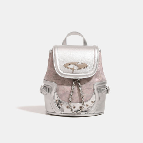 Croc-embossed mini backpack with silver metallic leather-look trim, decorative chain, and metal logo clasp, detail view 7
