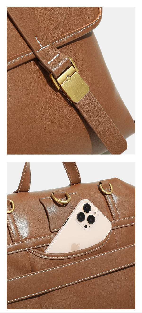Structured flap-over backpack satchel in smooth leather-look finish with gold-tone buckle hardware and top handle, detail