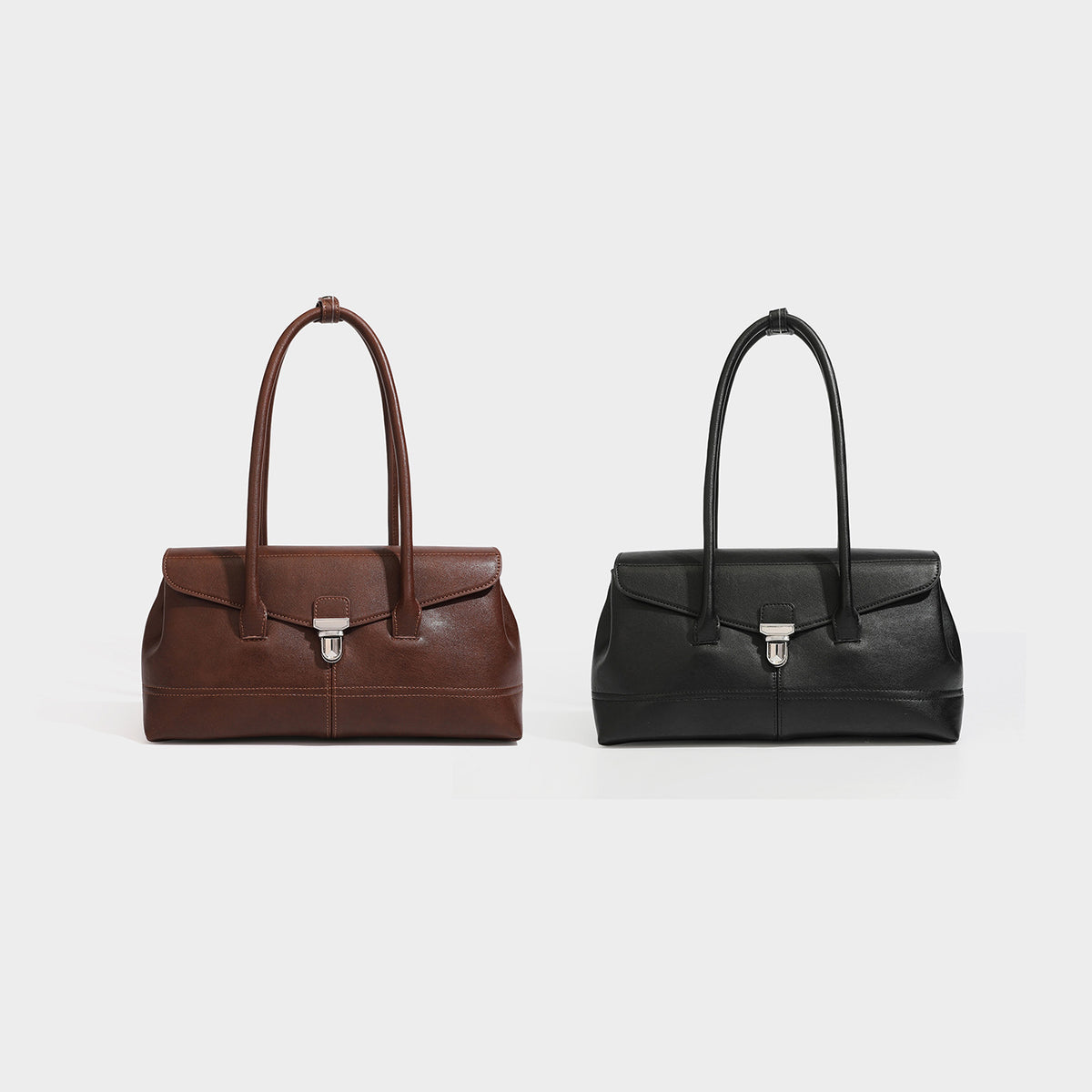 Structured rectangular satchel bag with dual rounded top handles and central metal turn-lock flap closure, detail view 26
