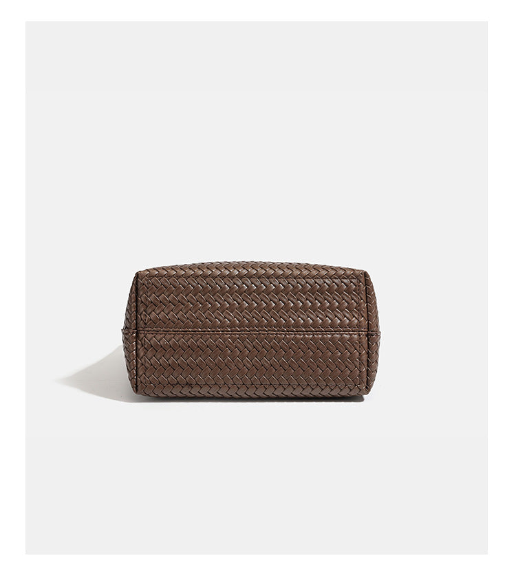 Structured woven leather-look tote bag with long shoulder straps and matching zippered pouch, detail view 16