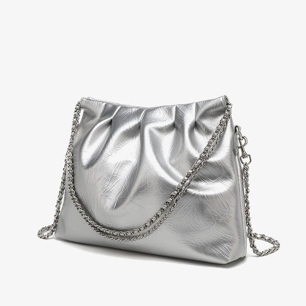 Ruched high-gloss leather-look hobo shoulder bag with gold-tone chain strap, detail view 8
