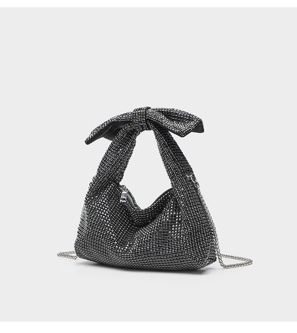 Schultertasche mit rundum besetzter Kristall-Strass-Schleife, Kettenriemen und Reißverschluss, Detailansicht 16