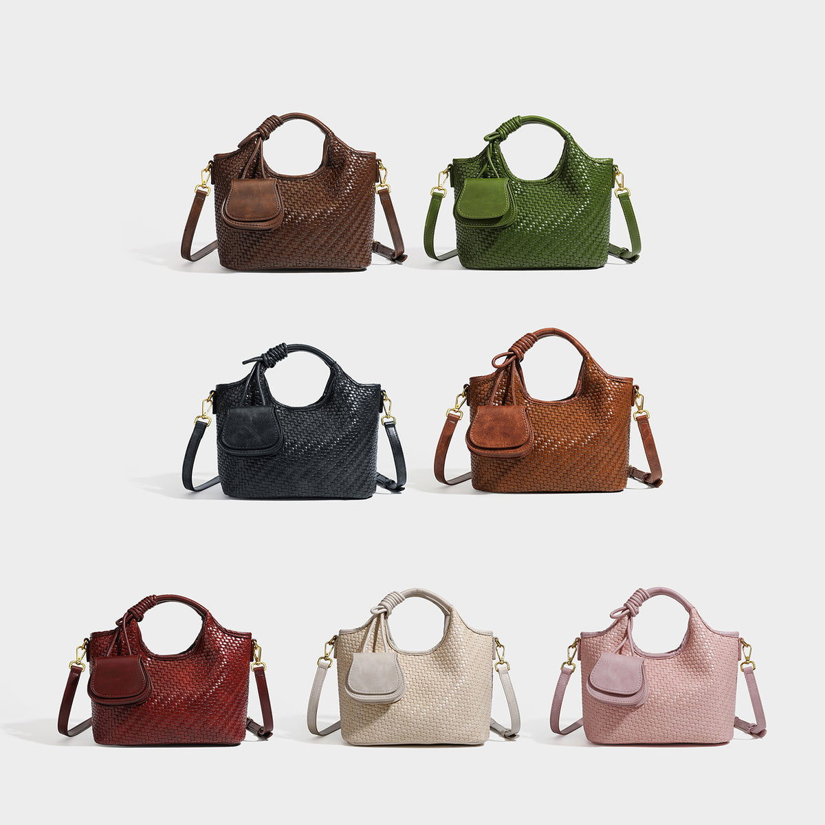 Geflochtene Tote-Bag in Mokkabraun in Lederoptik mit geknotetem Tragegriff, aufgesetzter Fronttasche mit Überschlag und abnehmbarem Crossbody-Riemen mit