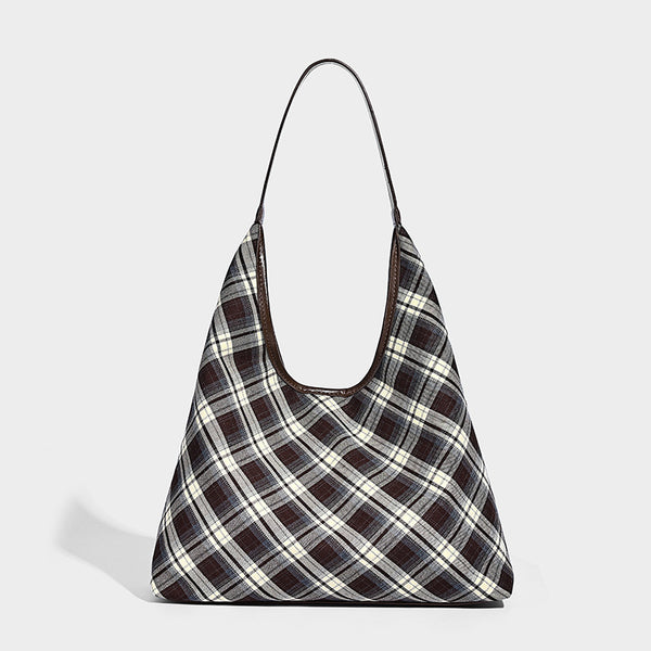 Lässige Hobo-Schultertasche in Karomuster aus Dunkelbraun, Creme und Grau mit dunkelbraunem Besatz in Lederoptik und einem langen Schulterriemen
