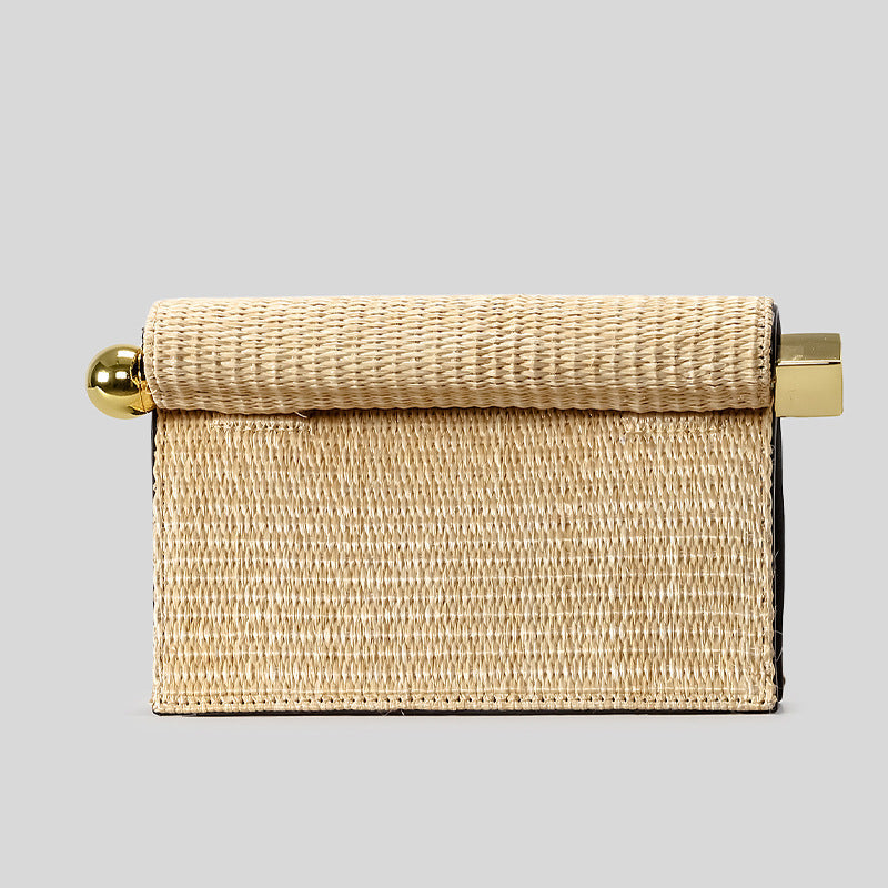 Structured rectangular clutch bag with rolled-top bar closure, gold-tone and silver-tone mixed metal hardware, detail view 8