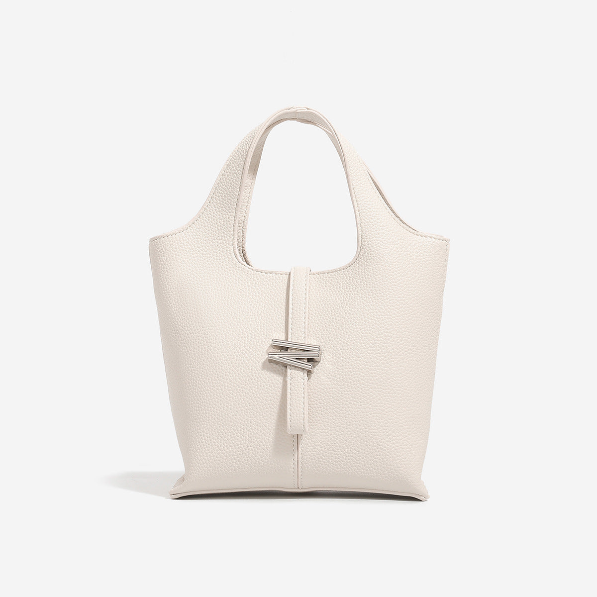 Mini pebbled leather-look bucket tote with silver toggle clasp and dual top handles, detail view 7