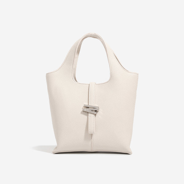 Mini pebbled leather-look bucket tote with silver toggle clasp and dual top handles, detail view 7