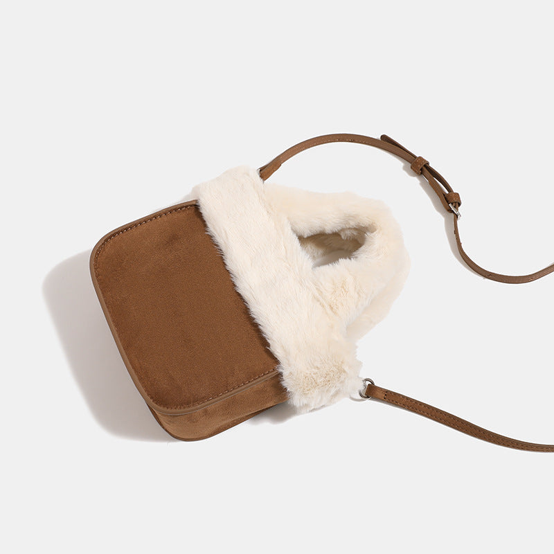 Mini structured handbag with cream faux-fur trim and suede-look textured body, shown with top handles and removable
