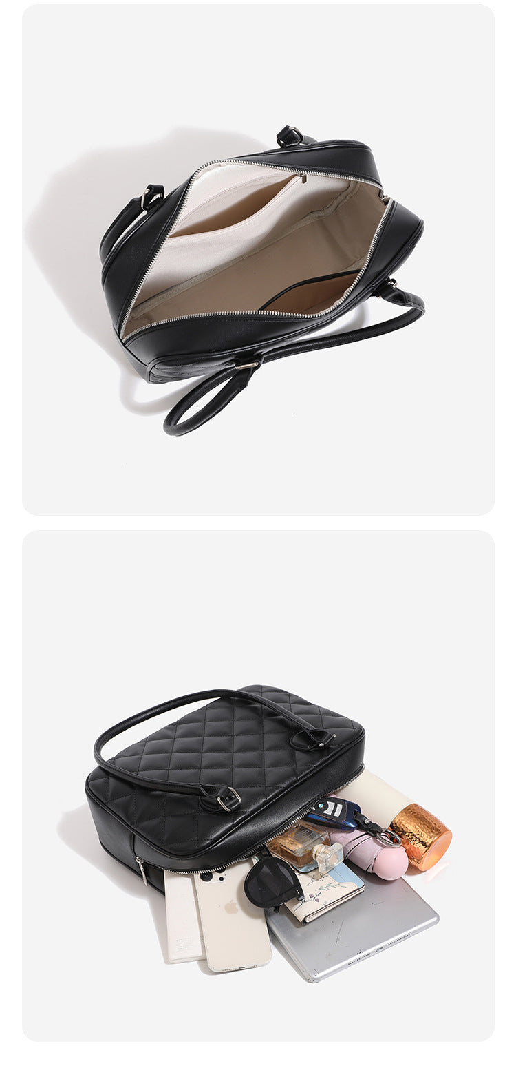 Structured diamond-quilted bowling shoulder bag with silver-tone hardware and top zip closure, detail view 16