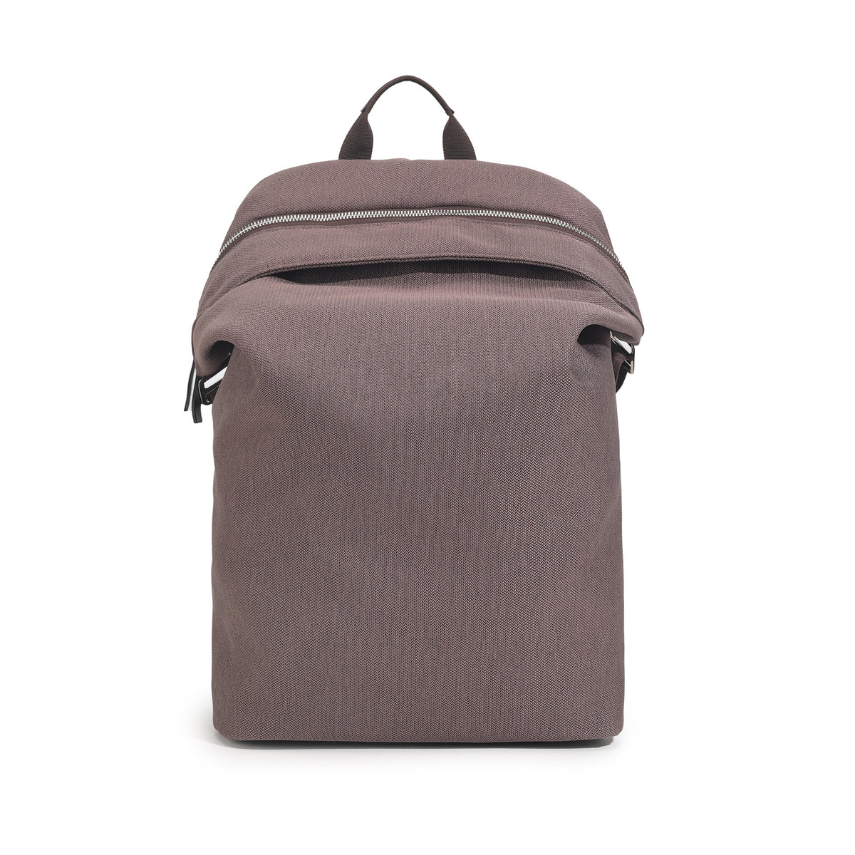 Structured matte-fabric backpack handbag with silver-tone zip closure and top carry handle, detail view 5