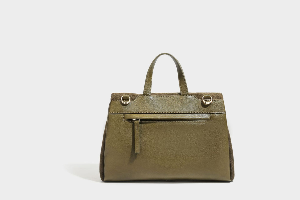 Formstabile Satchel-Tasche mit mattem Veloursleder-Finish, Überschlag, goldfarbenen Emblem-Beschlägen, kurzem Tragegriff und verstellbarem Crossbody-Riemen