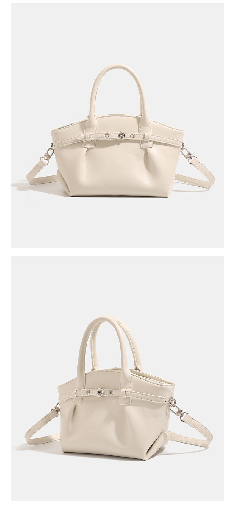 Mini-Trapeztasche mit glatter lederähnlicher Oberfläche, vorderem Riemen mit Dornschließe, zwei Tragegriffen und abnehmbarem, Detailansicht