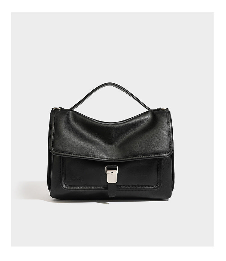 Structured rectangular satchel bag in dark espresso brown with smooth leather-look finish, flap front with silver turn-lock
