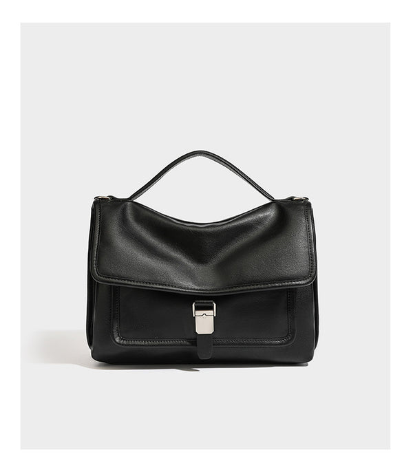 Structured rectangular satchel bag in dark espresso brown with smooth leather-look finish, flap front with silver turn-lock