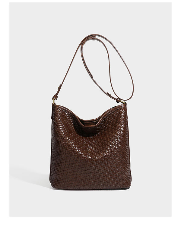 Woven-look slouchy hobo shoulder bag in brown with attached mini pouch and gold-tone hardware, detail view 11