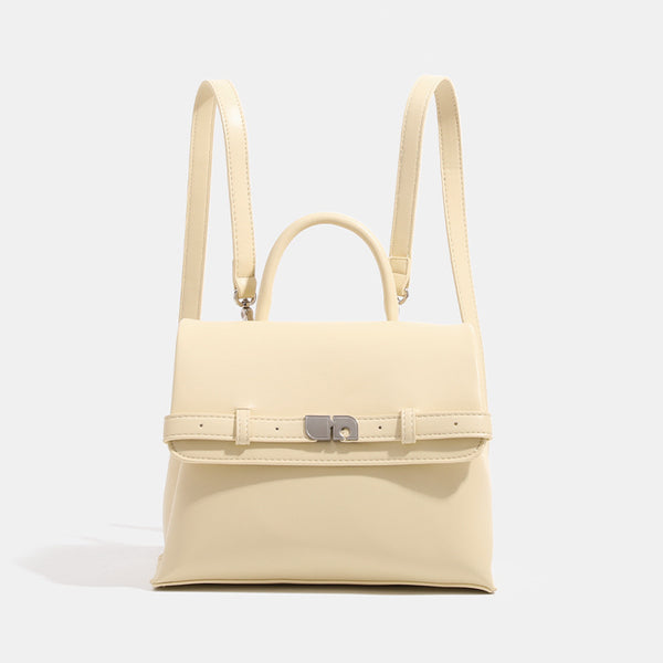 Structured matte leather-look convertible flap handbag with silver-tone turn-lock clasp and top handle, front view